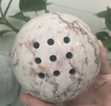 CSB-115 - 9 Holes 10.5CM Natural Marble Cave Hole Stone Round Incense Burner Yellow Travertine Ball