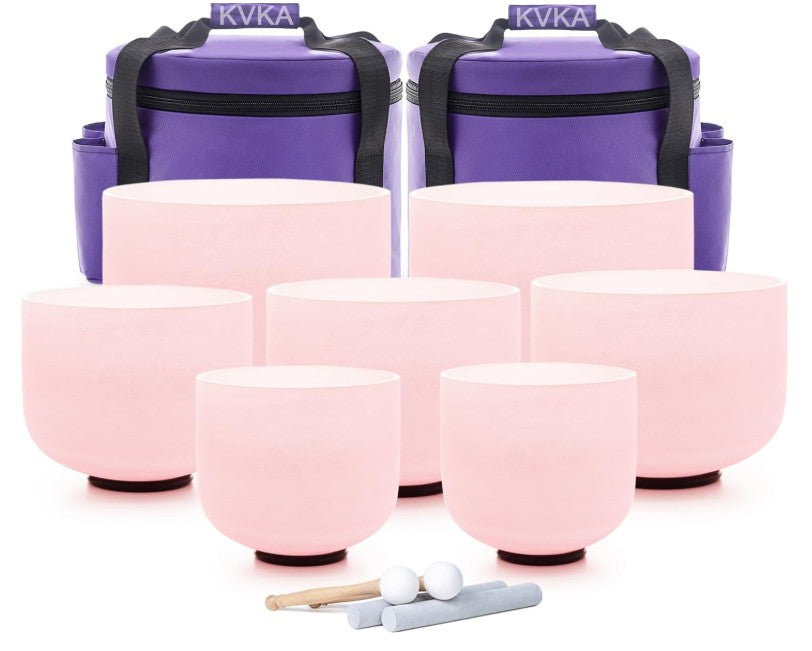 CL55 - Light Pink Crystal Singing Bowls Set, 432HZ Set of 7 PCS Frosted Quartz 7-12 Inch Sound Bowls