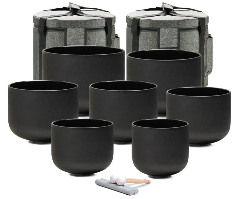 CL48 - 432HZ 6-12 Inch Set of 7 Chakra Black Frosted Quartz Crystal Singing Bowls