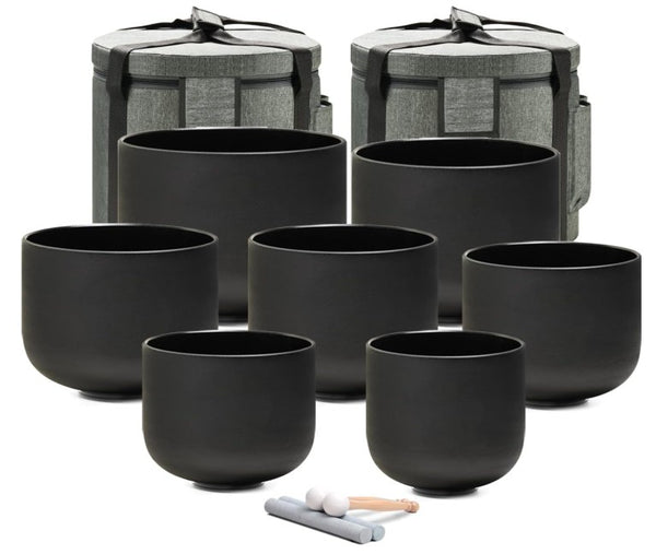 CL48 - 432HZ 6-12 Inch Set of 7 Chakra Black Frosted Quartz Crystal Singing Bowls