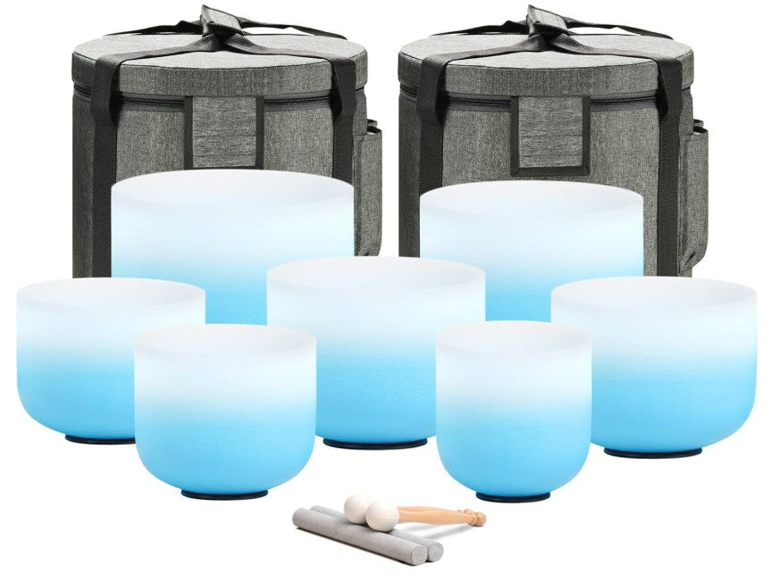 CL40 - 432HZ 6-12 Inch Azure Blue Color Aria Gradient Design Frosted Quartz Crystal Singing Bowls Chakra Set