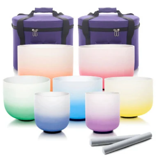 CL43 - 6-12 Inch Aria Gradient Design Chakra Frosted Quartz Crystal Singing Bowl Set Half Colour Gradient Design With Cases