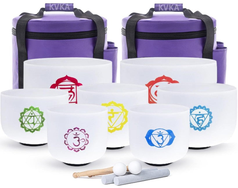 CL42 - 7pcs Crystal Singing Bowls 7-12 inch Frosted Quartz Crystal Sound Healing Bowls Set