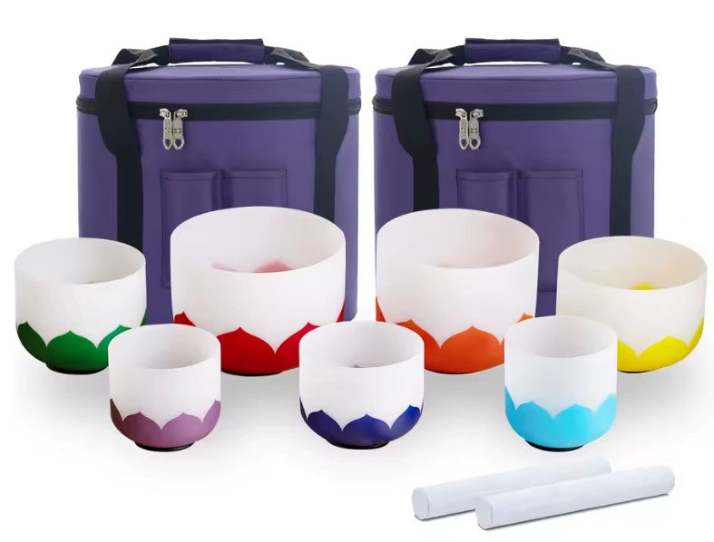 CL37 - Set Of 7 Pcs 7"-12" Note CDEFGAB With Color Lotus Chakra Design Frosted Quartz Crystal Singing Bowl with cases & mallet