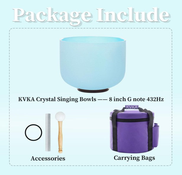 CL6 - 432Hz 8 Inch Colored Design Frosted Quartz Crystal Singing Bowls with Carry Case Bag (G note -Light Blue)