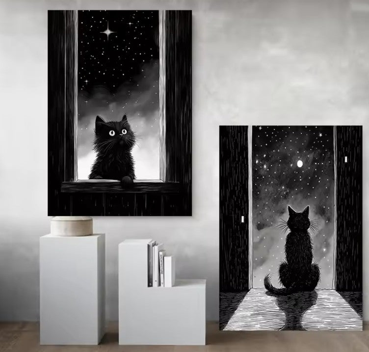2Pcs Black Cat Starry Night Sky Fantasy Poster and Prints Canvas