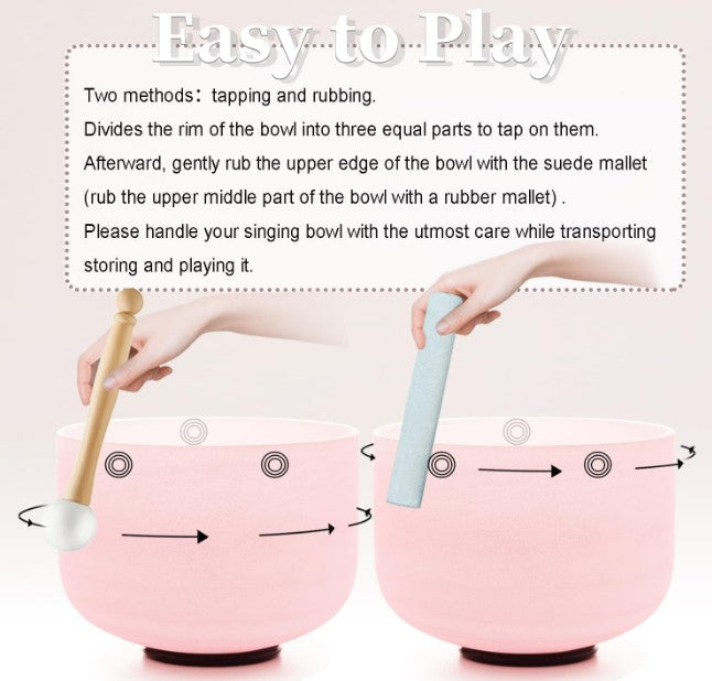 CL55 - Light Pink Crystal Singing Bowls Set, 432HZ Set of 7 PCS Frosted Quartz 7-12 Inch Sound Bowls