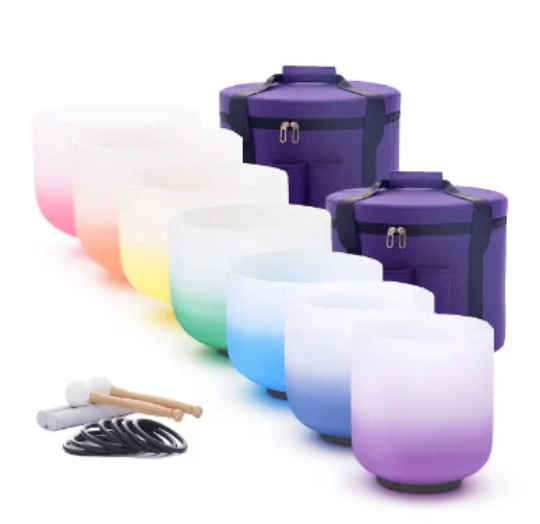 CL43 - 6-12 Inch Aria Gradient Design Chakra Frosted Quartz Crystal Singing Bowl Set Half Colour Gradient Design With Cases