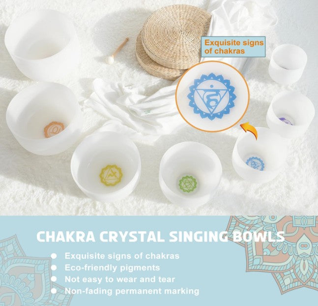 CL51 - 440Hz Chakra Tuned Set of 7 Paternoster Frosted Quartz Crystal Singing Bowls 6"-12"