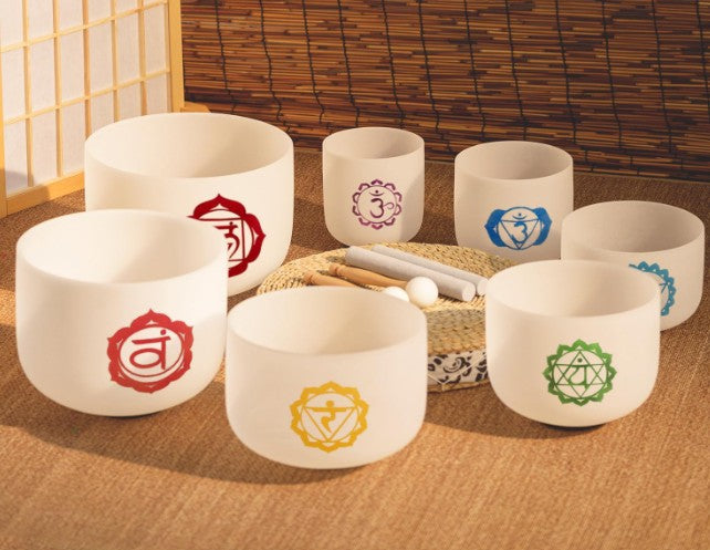 CL42 - 7pcs Crystal Singing Bowls 7-12 inch Frosted Quartz Crystal Sound Healing Bowls Set