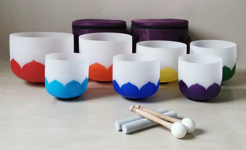 CL37 - Set Of 7 Pcs 7"-12" Note CDEFGAB With Color Lotus Chakra Design Frosted Quartz Crystal Singing Bowl with cases & mallet