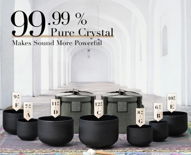 CL48 - 432HZ 6-12 Inch Set of 7 Chakra Black Frosted Quartz Crystal Singing Bowls