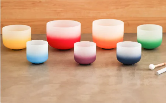 CL43 - 6-12 Inch Aria Gradient Design Chakra Frosted Quartz Crystal Singing Bowl Set Half Colour Gradient Design With Cases