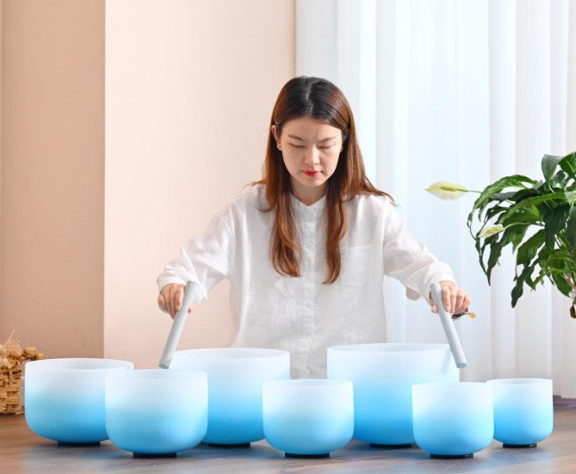 CL40 - 432HZ 6-12 Inch Azure Blue Color Aria Gradient Design Frosted Quartz Crystal Singing Bowls Chakra Set