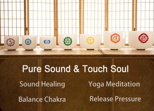 CL42 - 7pcs Crystal Singing Bowls 7-12 inch Frosted Quartz Crystal Sound Healing Bowls Set