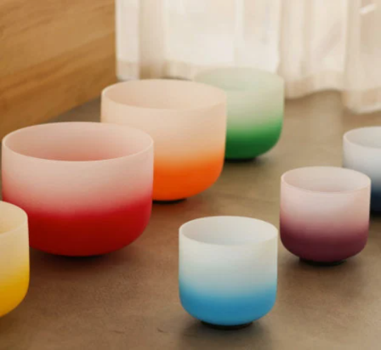 CL43 - 6-12 Inch Aria Gradient Design Chakra Frosted Quartz Crystal Singing Bowl Set Half Colour Gradient Design With Cases