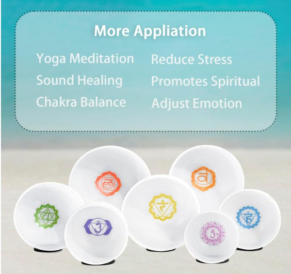 CL49 - 7pcs Chakra Design Frosted Quartz Crystal Singing Bowl 6-12 inch