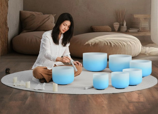 CL40 - 432HZ 6-12 Inch Azure Blue Color Aria Gradient Design Frosted Quartz Crystal Singing Bowls Chakra Set