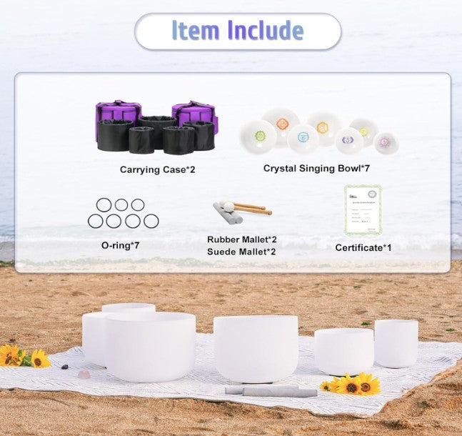 CL51 - 440Hz Chakra Tuned Set of 7 Paternoster Frosted Quartz Crystal Singing Bowls 6"-12"