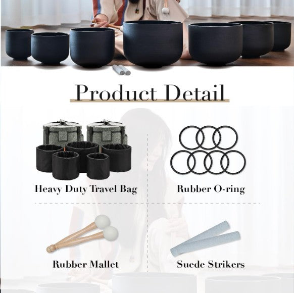 CL48 - 432HZ 6-12 Inch Set of 7 Chakra Black Frosted Quartz Crystal Singing Bowls