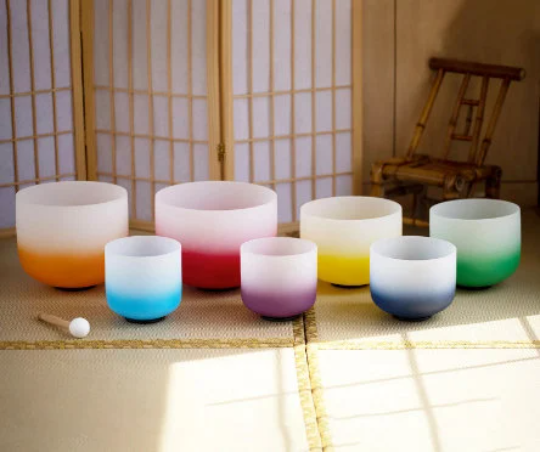 CL43 - 6-12 Inch Aria Gradient Design Chakra Frosted Quartz Crystal Singing Bowl Set Half Colour Gradient Design With Cases