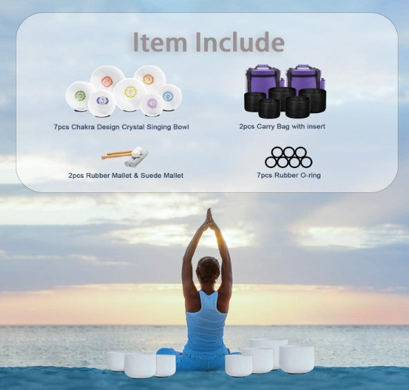 CL49 - 7pcs Chakra Design Frosted Quartz Crystal Singing Bowl 6-12 inch