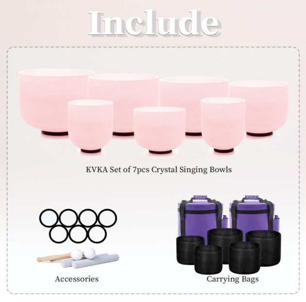 CL55 - Light Pink Crystal Singing Bowls Set, 432HZ Set of 7 PCS Frosted Quartz 7-12 Inch Sound Bowls