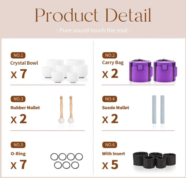 CL44 - 432HZ 7-12 Inch Set of 7 Pcs Frosted Quartz Crystal Singing Bowls Set