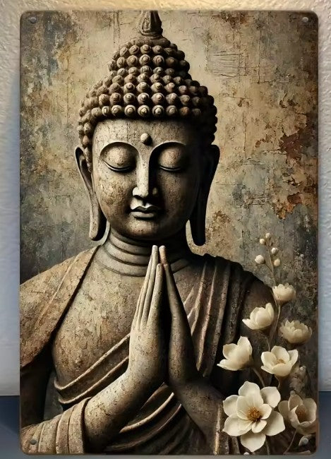 CL88 - Vintage Buddha Statue Metal Wall Art - Rustic Iron Sign with Serene Ancient Stone Buddha Design, Perfect for Home, Office