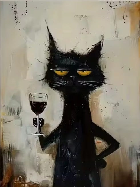 Chic Black Cat Minimalist Wine Poster and Prints Canvas