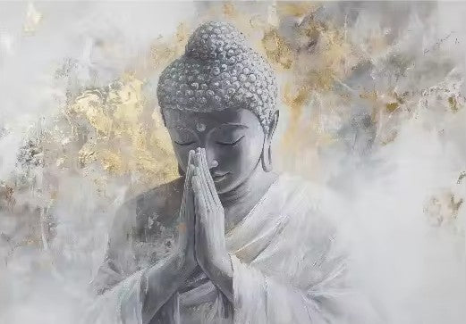 CL99 - Minimalist Abstract White and Gold Buddha Poster Asian Buddhist Meditation Zen Canvas Painting Wall Art Living Room Home Deco