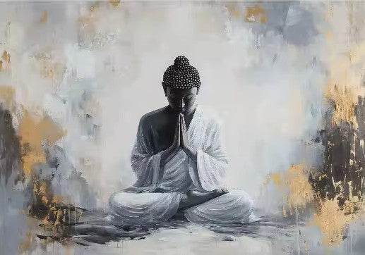 CL98 - Minimalist Abstract White and Gold Buddha Poster Asian Buddhist Meditation Zen Canvas Painting Wall Art Living Room Home Deco