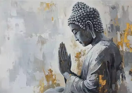 CL100 - Minimalist Abstract White and Gold Buddha Poster Asian Buddhist Meditation Zen Canvas Painting Wall Art Living Room Home Deco