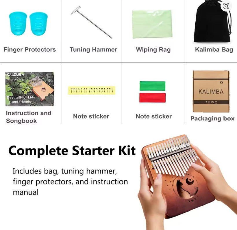 Miwayer 17/21 Keys Kalimba Thumb Piano Moon Cat Pattern Solid Mahogany Wood Beginner Musical Instrument with Bag Tuning Kit