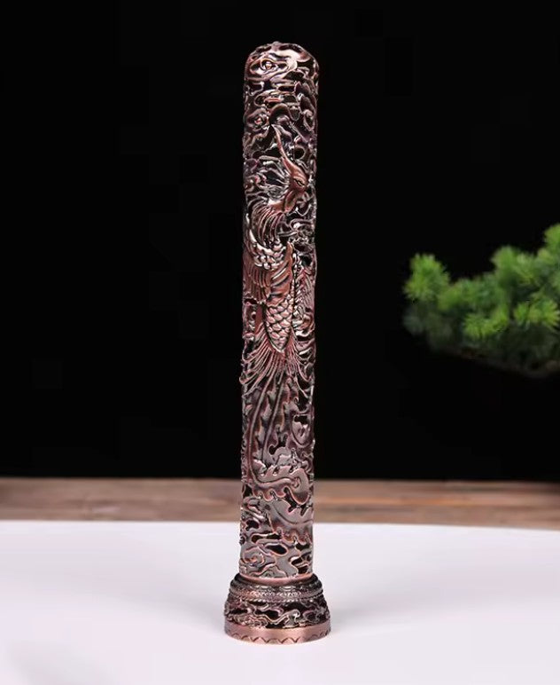 Retro Dragon and Phoenix Line Incense Burner Vertical Hollow Incense Holder Zen Sandalwood Censer with Catcher for Home Decor