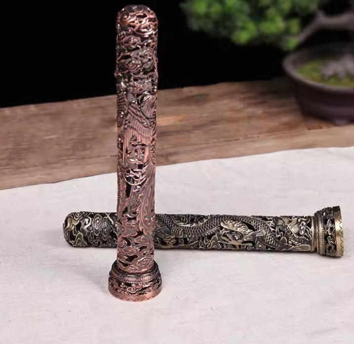 Retro Dragon and Phoenix Line Incense Burner Vertical Hollow Incense Holder Zen Sandalwood Censer with Catcher for Home Decor