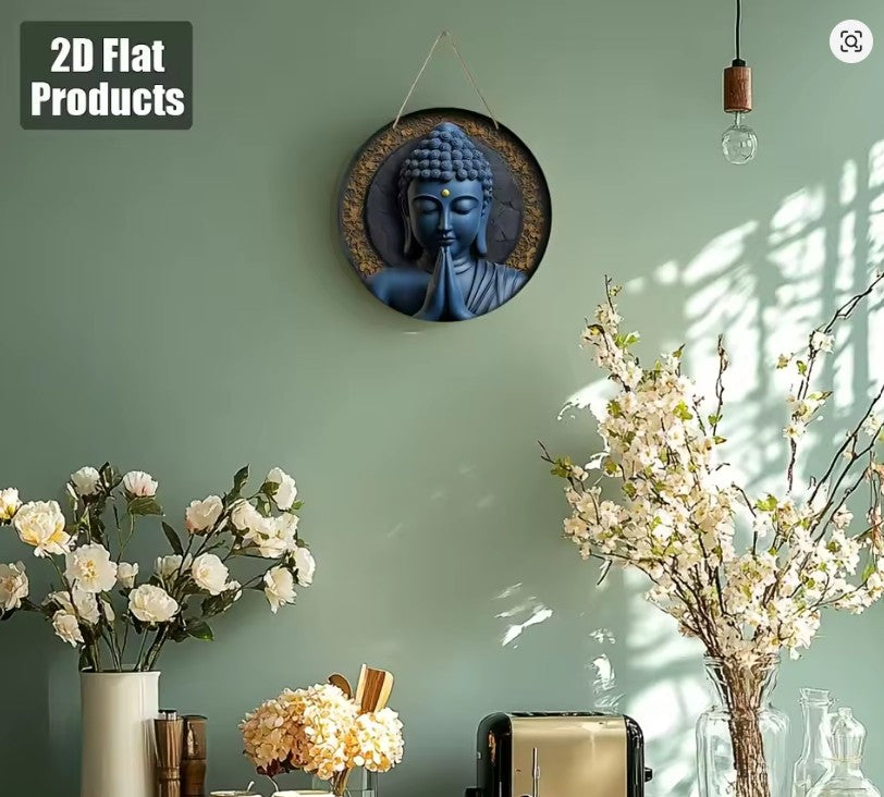 CL67 - 2D flat 1pc Buddha statue head theme circular wooden sign hanging decoration, family festival decoration
