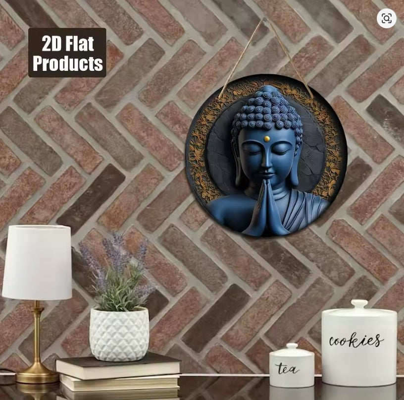 CL67 - 2D flat 1pc Buddha statue head theme circular wooden sign hanging decoration, family festival decoration