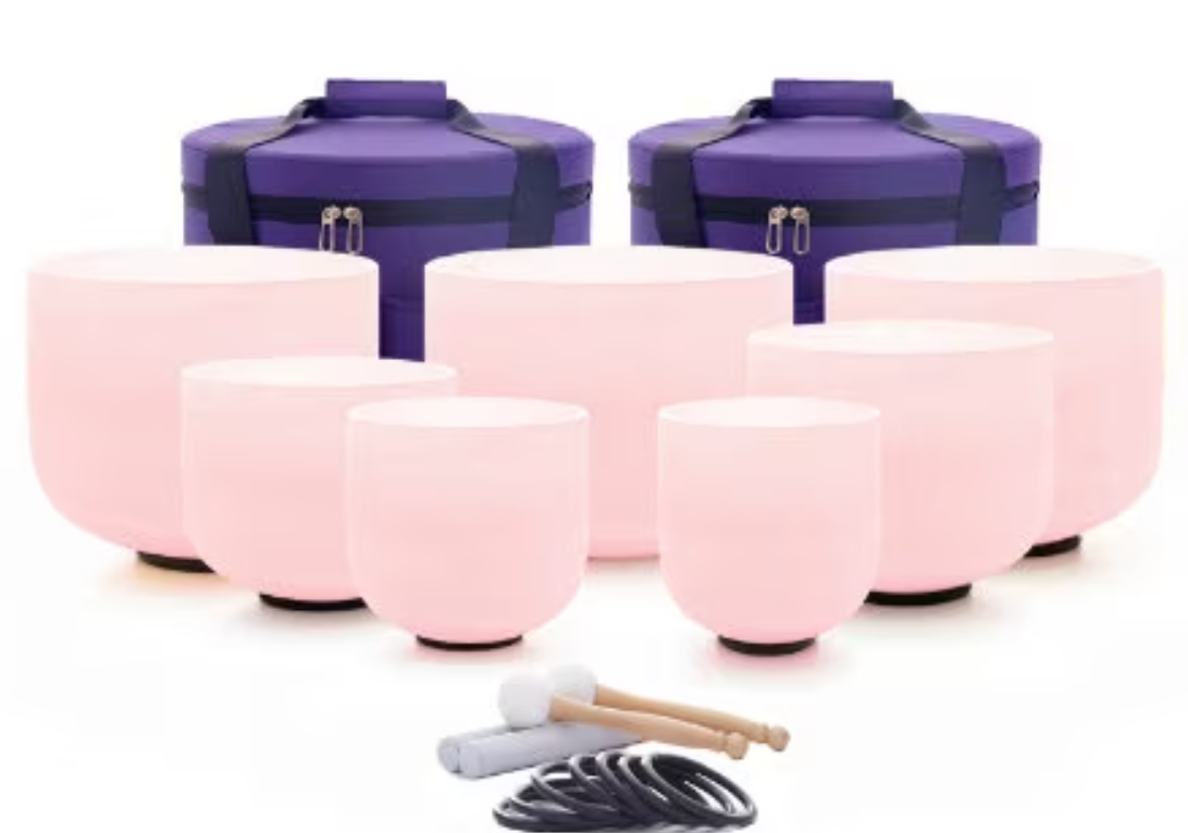 CL55 - 6-12inch Pink Frosted Quartz Crystal Singing Bowl 7pcs Chakra Set