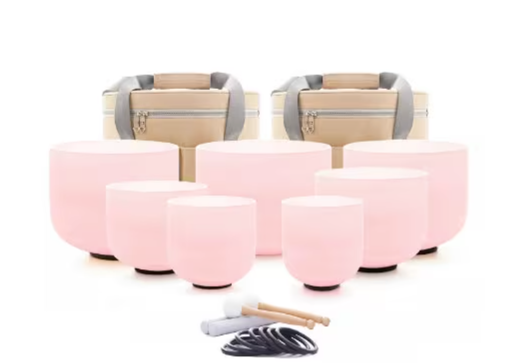 CL55 - 6-12inch Pink Frosted Quartz Crystal Singing Bowl 7pcs Chakra Set