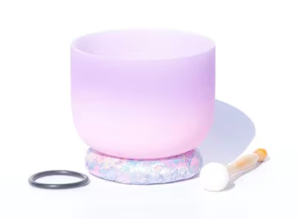 CL35 - Purple+Pink 8 Inch Singing Bowl Candy Colour Frosted Quartz Music Bowl Rainbow Crystal Sound Healing with Mallet, O-Ring