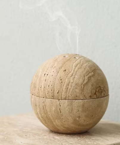 CSB-115 - 9 Holes 10.5CM Natural Marble Cave Hole Stone Round Incense Burner Yellow Travertine Ball