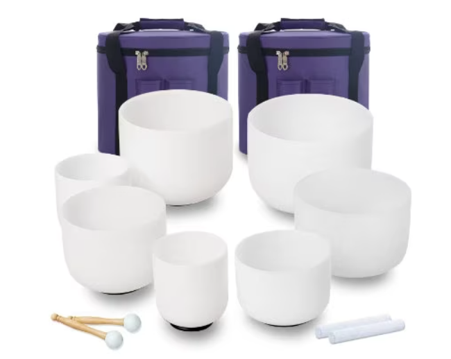 CL39 - 7-12 Inch Note CDEFGAB Set of 7PCS Chakra Frosted Quartz Crystal Singing Bowl With Free Purple Case.
