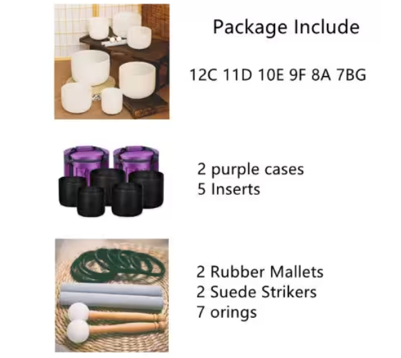 CL39 - 7-12 Inch Note CDEFGAB Set of 7PCS Chakra Frosted Quartz Crystal Singing Bowl With Free Purple Case.