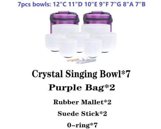 CL39 - 7-12 Inch Note CDEFGAB Set of 7PCS Chakra Frosted Quartz Crystal Singing Bowl With Free Purple Case.