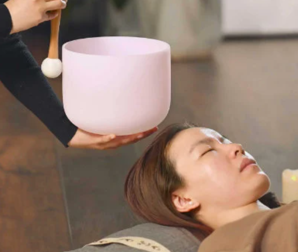 CL8 - 10 Inch Pink Rose Quartz Gemstone Fusion Crystal Singing Bowl For Sound Healing  D Note  440Hz / 432Hz