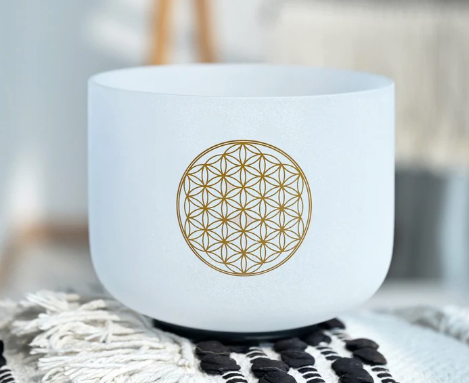 CL23 - 12inch FLOWER OF LIFE - C Note - Root Chakra, Crystal Quartz Singing Bowl, with mallet, O ring and Case.