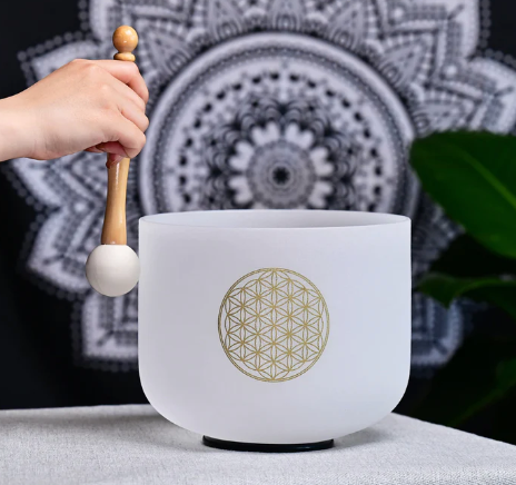 CL23 - 12inch FLOWER OF LIFE - C Note - Root Chakra, Crystal Quartz Singing Bowl, with mallet, O ring and Case.