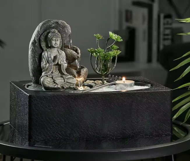 CL69 - Buddha Zen Table Fountain with LED Light Indoor Buddha Statue Fountain Landscape Succulent Plants Home Decoration