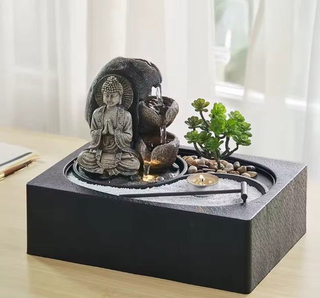 CL69 - Buddha Zen Table Fountain with LED Light Indoor Buddha Statue Fountain Landscape Succulent Plants Home Decoration